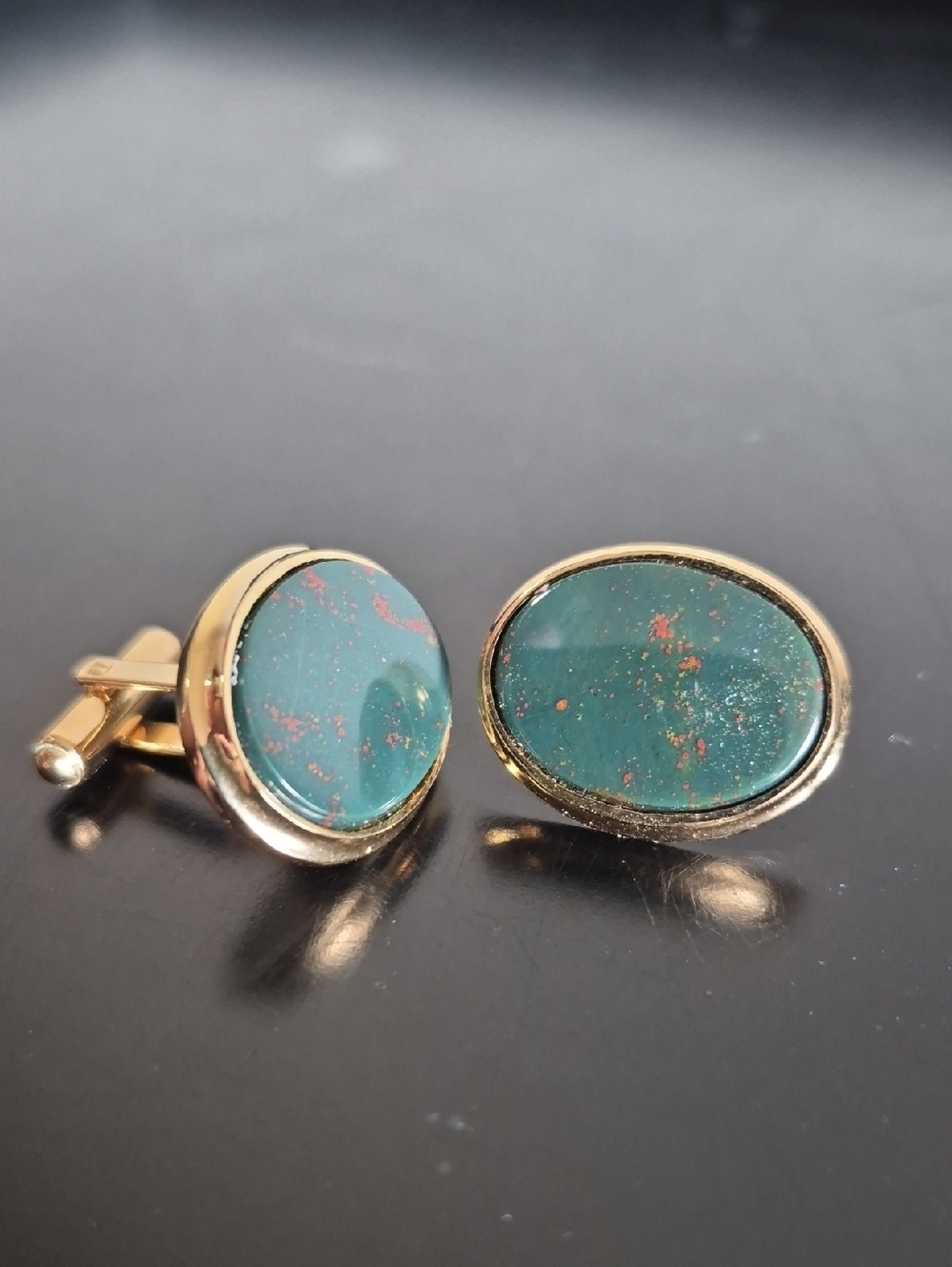 Senator Gold Cuff Links with Teal Green Stone Inlay